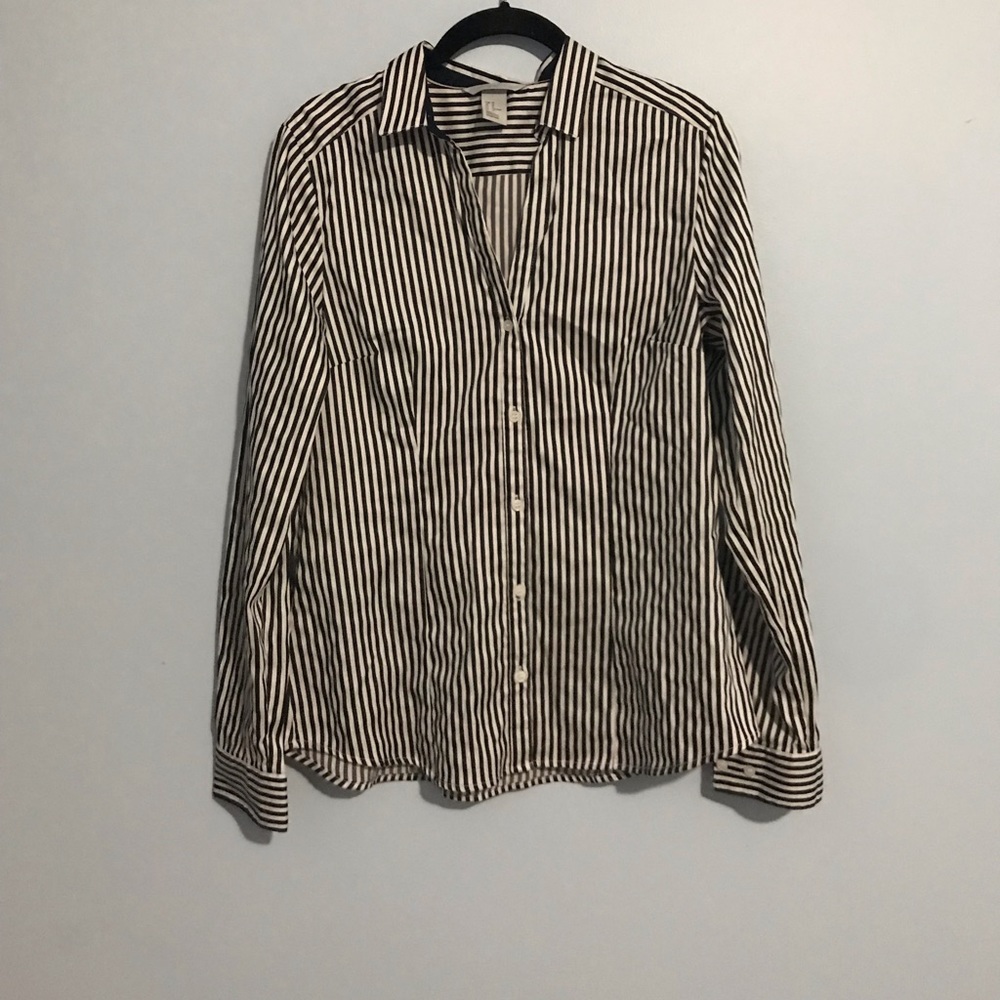 H&M Women Black and White Pinstripes Dress Shirt